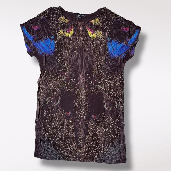 French Connection Silk Tunic Dress Abstract Print Black Blue Yellow Size 4 - Picture 8 of 8